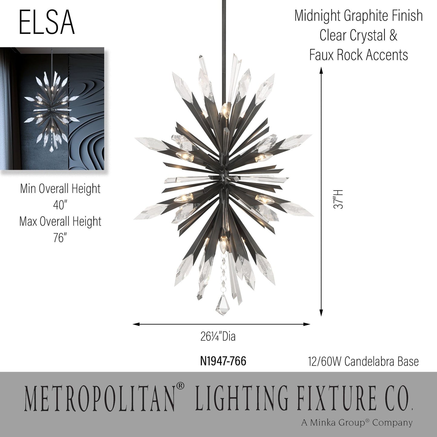 Midcentury Damp-Rated Crystal & Steel Chandelier